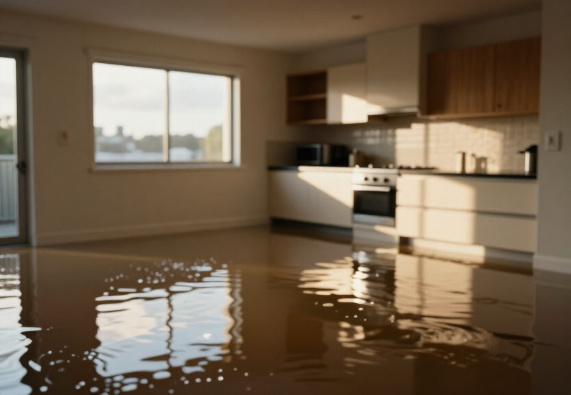 Water-damaged kitchen in Como before cleanup